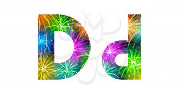 Set of English letters signs uppercase and lowercase D stylized colorful holiday firework with stars and flares, elements for web design. Eps10, contains transparencies. Vector