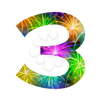Mathematical sign, number three, stylized colorful holiday firework with stars and flares, element for web design. Eps10, contains transparencies. Vector