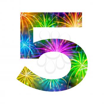 Mathematical sign, number five, stylized colorful holiday firework with stars and flares, element for web design. Eps10, contains transparencies. Vector