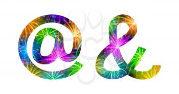 Set of signs commercial at, ampersand, stylized colorful holiday firework with stars and flares, elements for web design. Eps10, contains transparencies. Vector