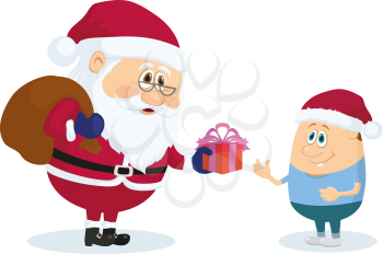 Cheerful Santa Claus with a bag of gifts gives a little boy gift box, Christmas holiday illustration, funny cartoon characters isolated on white background. Vector