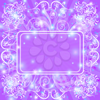 Abstract violet holiday background with symbolical white flowers, leaves and patterns. Vector eps10, contains transparencies
