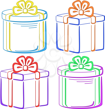 Set of gift celebratory boxes, vector isolated pictograms, square and round
