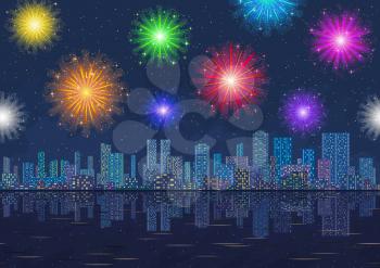 Horizontal Seamless Landscape, Holiday Urban Background, Night City with Skyscrapers and Fireworks in Starry Sky, Reflecting in Blue Sea. Eps10, Contains Transparencies. Vector