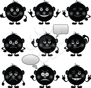 Set of round black and white smilies symbolising various human emotions. Vector