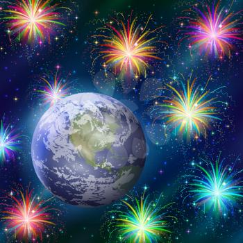 Holiday background, space with planet mother Earth, stars and firework. Elements of this image furnished by NASA, www.visibleearth.nasa.gov. Eps10, contains transparencies. Vector