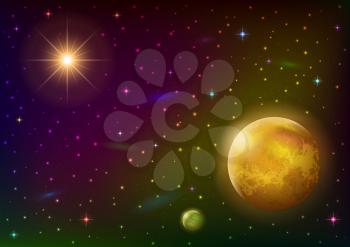 Fantastic space background with unexplored yellow planet, satellite, sun, stars and nebulas. Elements of this image furnished by NASA (http://solarsystem.nasa.gov). Eps10, contains transparencies. Vec