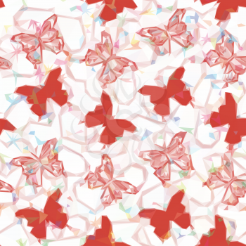 Background with Red Colorful Butterflies Silhouettes, Low Poly Pattern. Vector