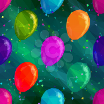 Balloons Flying in Space with Confetti, Low Poly Pattern, Colorful Background. Vector