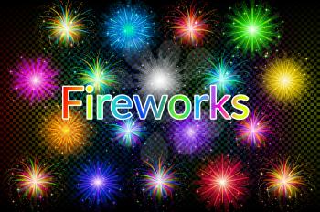 Set of Various Bright Colorful Celebratory Fireworks, Color Elements for Holiday Web Design on Dark Background with Grid. Eps10, Contains Transparencies. Vector