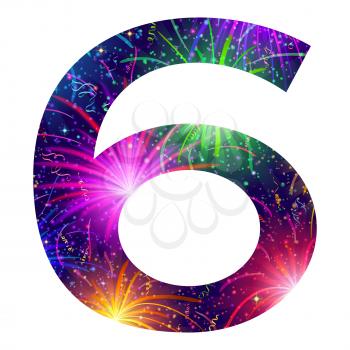 Mathematical sign, number six, stylized colorful holiday firework with stars and flares, element for web design. Eps10, contains transparencies. Vector