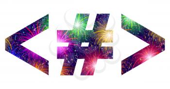 Set of signs hash mark, greater-than sign, less than sign, stylized colorful holiday firework with stars and flares, elements for web design. Eps10, contains transparencies. Vector