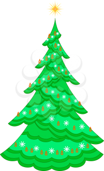 Christmas fir tree with star and garland, holiday symbol isolated on white background. Vector