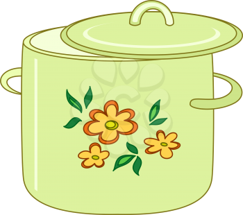 Kitchen pan with a pattern from flower and leaves. Vector