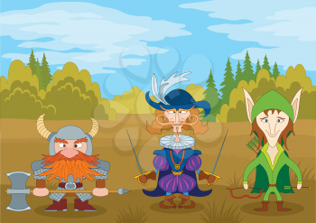 Fantasy brave heroes: elf archer, count fencer and dwarf warrior standing in forest, funny comic cartoon characters. Vector