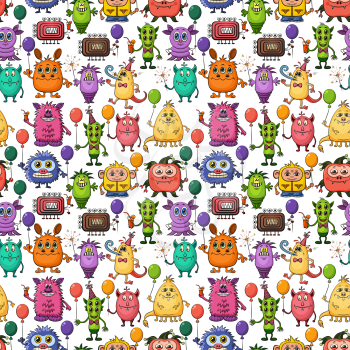 Seamless Background for Your Holiday Party Design with Different Cartoon Monsters, Colorful Tile Pattern with Cute Funny Characters, Feasting with Balloons, Sparklers and Cocktails. Vector