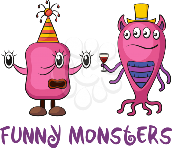 Set of Cute Different Cartoon Monsters with a Drink, Colorful Characters in Holiday Caps, Elements for your Design, Prints and Banners, Isolated on White Background. Vector