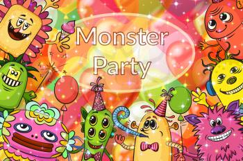 Background for Your Holiday Party Design with Different Cartoon Monsters, Colorful Illustration with Cute Funny Characters and Valentine Balloons. Eps10, Contains Transparencies. Vector