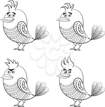 Set of Funny Birds of Different Moods, Sad, Angry, Cheerful and Insidious, Cute Patterned Cartoon Character, Black Contour Isolated on White Background. Vector