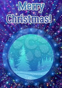 Christmas Holiday Background, Round Porthole Window on Blue Wall with Magic Winter Forest, Fir Trees, Light Sparks, Snowflakes, Confetti and Place for Text. Eps10, Contains Transparencies. Vector