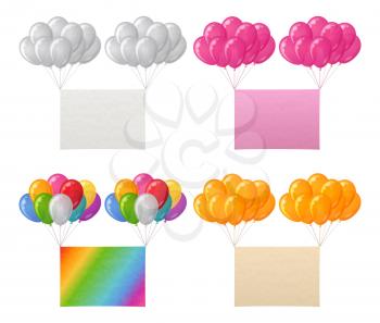 Set Of Bunches Colorful Balloons Flying with Paper Sheets of Various Colors, Elements For Holiday Design. Eps10, Contains Transparencies. Vector