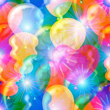 Seamless Background with Beautiful Flying Colorful Balloons and Bright Fireworks, Holiday Tile Pattern for your Design. Eps10, Contains Transparencies. Vector