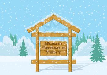 Wood Sign for Your Text in Winter Forest on Snowing Christmas Landscape, Background for Your Design. Eps10, Contains Transparencies. Vector
