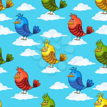 Seamless Background with Funny Colorful Birds on White Clouds in Blue Sky, Cute Cartoon Characters of Different Colors and Moods, Sad, Angry, Cheerful and Insidious, Tile Pattern for Design. Vector