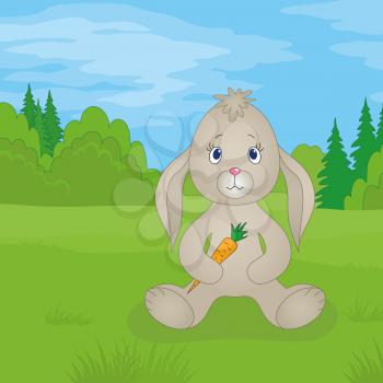 Rabbit siting on a meadow in summer forest and holding carrot in paws. Vector