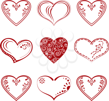 Valentine red hearts set, symbol of love, pictograms with abstract patterns. Vector
