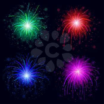 Set of various bright celebratory fireworks, color elements for holiday web design, isolated on black background. Eps10, contains transparencies. Vector