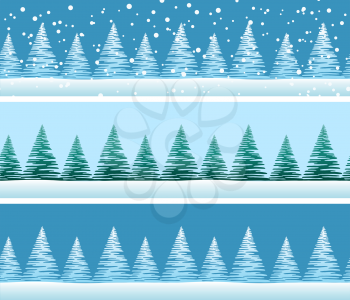Seamless Background with Green and Blue Christmas Fir Trees and White Snow in Sky, Winter Holiday Tile Pattern. Vector