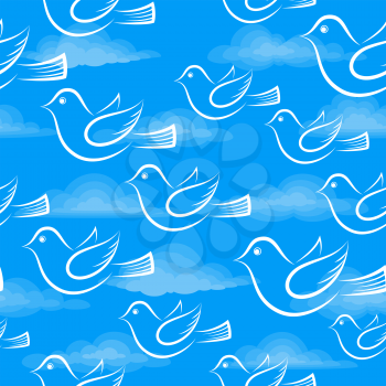 Seamless Background with White Cartoon Birds Flying in Blue Sky with Clouds, Tile Illustration for Your Design. Eps10, Contains Transparencies. Vector