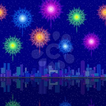 Horizontal Seamless Landscape, Holiday Urban Tile Background, Night City with Skyscrapers and Fireworks in Starry Sky, Reflecting in Blue Sea. Eps10, Contains Transparencies. Vector