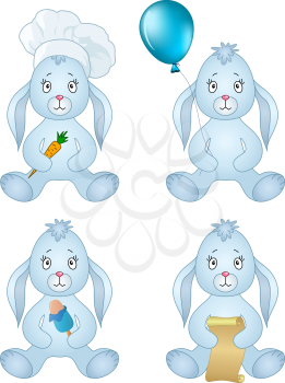 Rabbits, little bunny holds gifts in paws: holiday balloon, ice cream, carrot, scroll. Vector