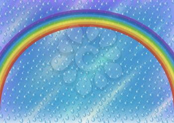 Landscape, Blue Sky with Bright Colorful Rainbow and Rain Drops. Eps10, Contains Transparencies. Vector