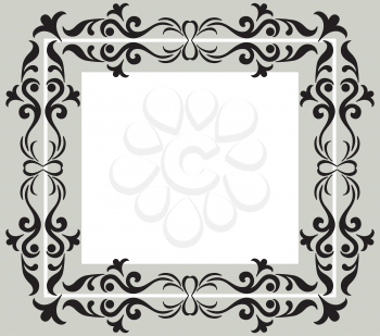 Abstract background with symbolical vintage floral pattern, black contour frame on gray and white. Vector
