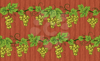 Seamless Background, Green Grape Vines with Berries and Leaves on Wooden Fence Wall. Vector