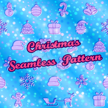 Christmas Seamless Patterns, Cartoon Signs for Holiday Design on Tile Blue Background, Sky with Stars and Circle Confetti. Vector