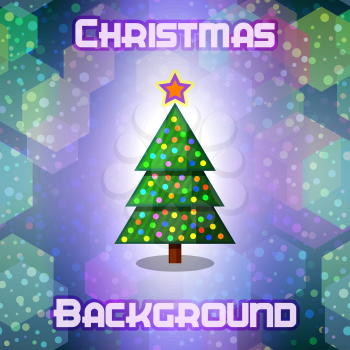 Christmas Background, Fir Tree with Holiday Decoration, Star and Abstract Geometric Pattern. Vector