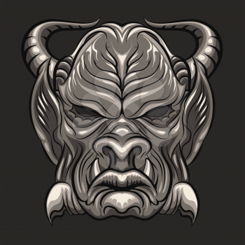 Ancient ritual mask of demon. No gradient used. Isolated on dark gray background.