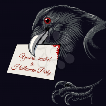 The raven with invitation card to Halloween Party in a beak. Free font used.