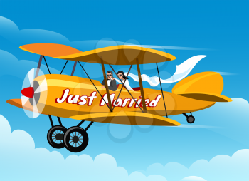 Just married couple flies honeymoon trip on airplane. Only free font used.