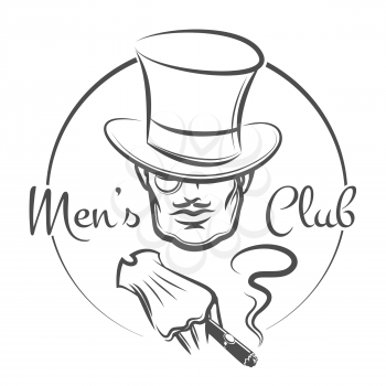 Mens Club logo or emblem. Man in the hat smokes a cigar. Monochrome isolated on white background. Only free font used.