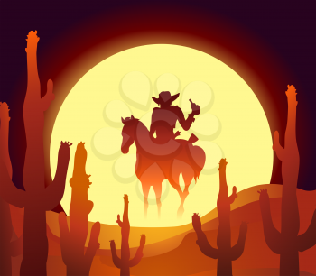 vector illustration of rider in mexican desert at the sundown hour 