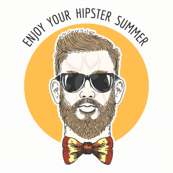 Hipster face with hair glasses, mustache and colorful bowtie against sun circle and wording Enjoy Your Hipster Summer.