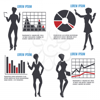 Business woman silhouettes with charts and graphs and text samples. Isolated on white. free font used.