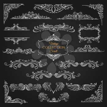 Set of vintage scroll elements on black background. Decorative swirls for your design. Vector illustration.