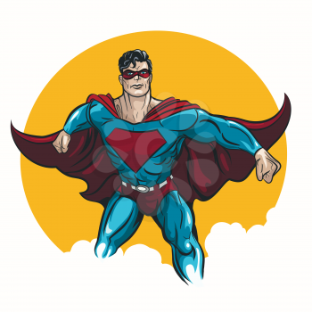 Superhero standing with cape waving in the wind. Illustration in comic book style.