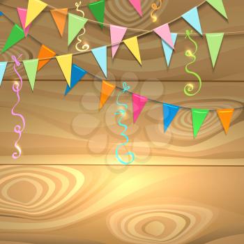 Garlands of flag and serpentine ribbons on wooden surface. Holiday poster with place for your message. Vector illustration
